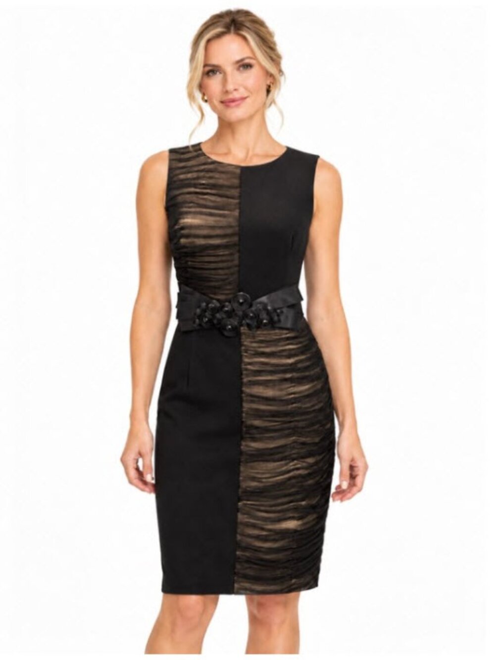 Ross Mayer Black Beige Ruched Mesh Cocktail Sheath Dress Belt 8 Evening Chic
